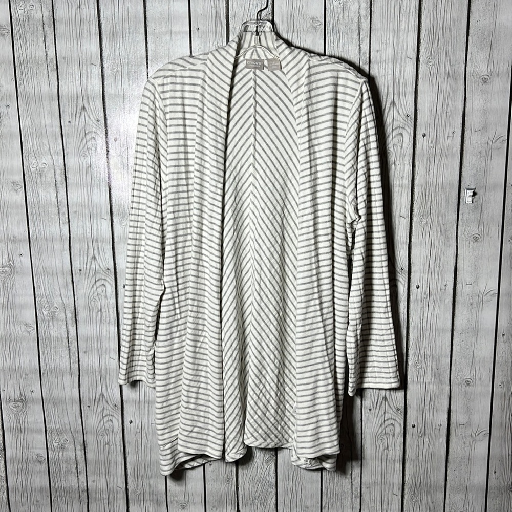CHICO'S ZENERGY GRAY WHITE STRIPE  CARDIGAN STRETCH size 2 (large 12/14)